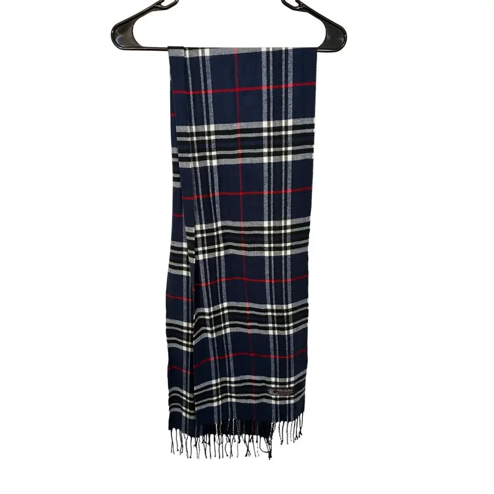 Italy Design Women's Plaid Winter 100% cashmere Fringe scarf Navy Gingham One Sz